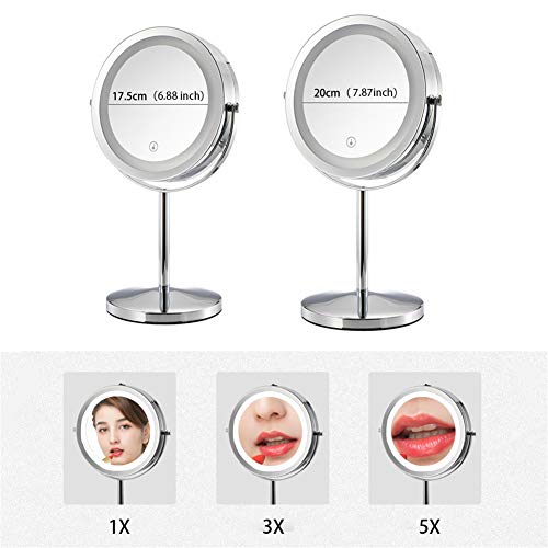 Espelho de maquiagem iluminado recarregável com luzes reguláveis 3X/5X Espelho de aumento de dupla f