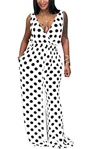 Lkous Women Summer Elegant Spaghetti Strap Sleeveless Polka Dot Print One-Piece Loose Wide Leg Pants Jumpsuits Romper White #TOP6