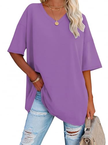 iudam Oversize T Shirt Damen mit V-Ausschnitt Sommer Longshirt Kurzarm...