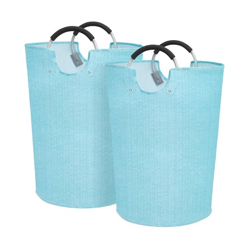 STORAGE MANIAC 2 Pack 75L Laundry Basket Freestanding Laundry Hamper, Collapsible Laundry Baskets Waterproof Laundry Bag with Padded Handles Folding Tall Clothes Hamper, Blue Herringbone