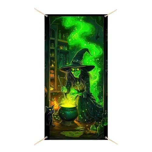 Image of BlissYard Halloween Door Cover Witch Potion Room 71 x 35 Inch | Polyester, Green Witch and Black Cat Potion Room, Haunted House Door Decor, Porch, Wall and Halloween Party Backdrop