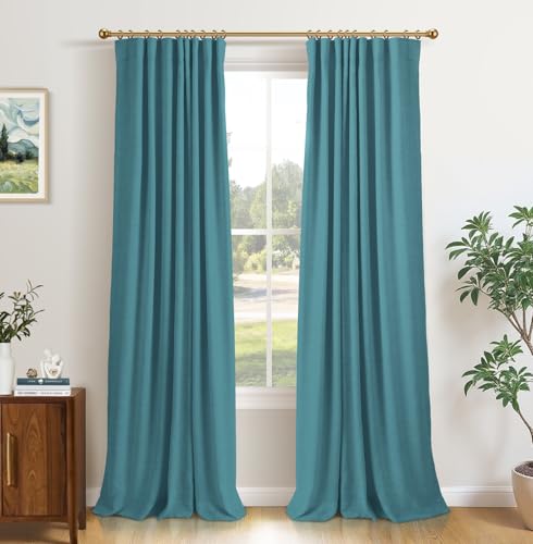 Image of INOVADAY 100% Blackout Curtains for Bedroom, Teal Black Out Curtains 96 Inch Long, Clip Rings Linen Blackout Drapes, Thermal Insulated Room Darkening for Living Room, 2 Panels - W50xL96