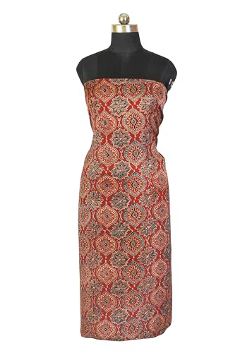 Image of Ethnics of Kutch Women's Ajrakh Modal Silk Natural Dye Hand Block Print Unstitched Kurta Fabric Mtr Length (2.5 Mtrs - Red 07B03L)