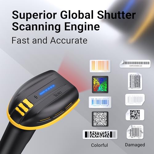 Image of Tera Pro Barcode Scanner with Power Switch Battery Level Indicator 4400mAh Replaceable Battery Wall Mountable Stand 1D 2D QR Works with Bluetooth 2.4G Wireless USB Wired Bar Code Reader D6100 Yellow
