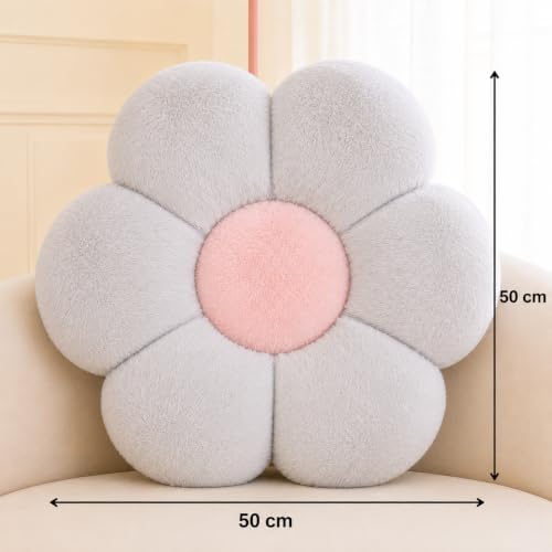 Image of AVSHUB Sunflower Shaped 6 Petal Cute Preppy Decorative Throw Pillow|Floor Cushion with Fibre Filling for Aesthetic Decoration (Grey, 50CM)