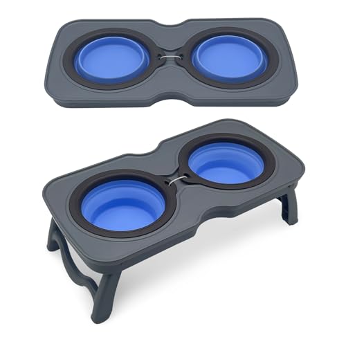 PINVNBY Elevated Portable Dog Bowl, Travel Raised Stand with Collapsible Silicone Double Diner Bowls Non-Slip Food and Water Bowls Holder for Small Dogs and Cats - 14.6