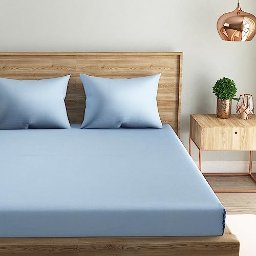 Image of Naksh Plain Bed Sheet Double Bed 210 TC with 2 Pillow Covers | 100% Pure Cotton | 210 TC | Soft & Breathable for Queen and Double Bed Use | Queen Size Bed Sheet | Sky Blue |
