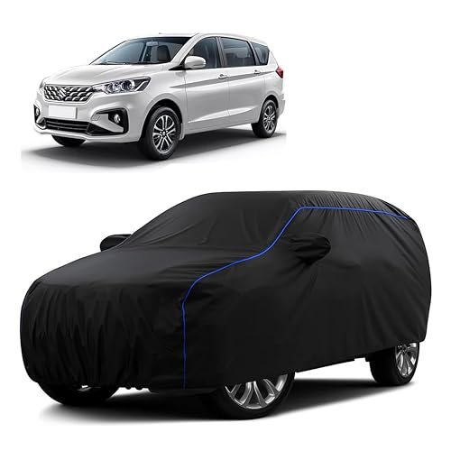 Image of Sulfar 100% Water Resistant Car Body Cover Compatible with Mirror for Maruti Suzuki Ertiga (Triple Stitched, Full Bottom Elastic, Black Tafetta with Blue Piping)