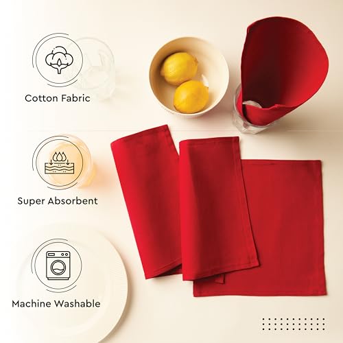 Image of Encasa XO Dining Cocktail Napkins 12 pcs (1 Dozen) Set of Large 23x23 cm (9 inchx9 inch) - Deep Red - Absorbent Heavy Cotton Party Fabric Machine Washable for Home Restaurant Banquet & Hotel