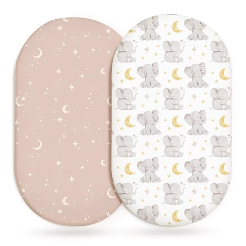 Image of Bassinet Sheets for Baby Girls Boys 2 Pack, Fitted Baby Mattress Sheet for Rectangle, Oval, Hourglass Bassinet Mattress, Breathable Cozy & Universal Fit (Elephant Dream, Bassinet Sheet)