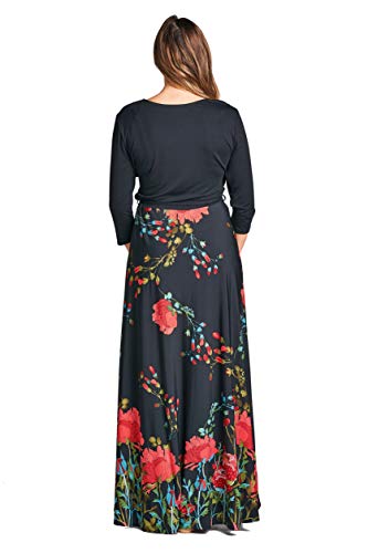 On Trend Women's Paris Bohemian V-Neck Printed 3/4 Sleeve Faux Wrap Long Maxi Resort Dress (Small, Black Red)