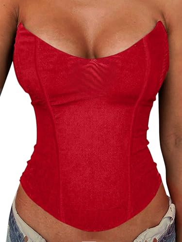 LovelyWholesale Mesh Corset Top for Women Sexy Strapless Bustier Tops Party Club Red Large