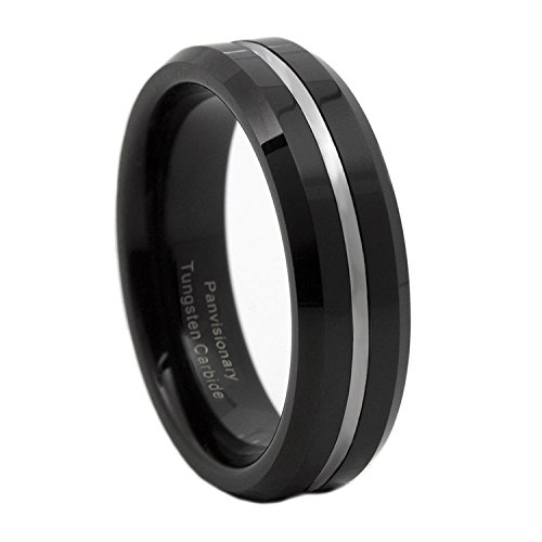Panvisionary Black IP Tungsten Carbide Ring Thin Silver Line 6MM (8)