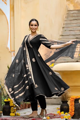 Image of GoSriKi Women's Cotton Blend Printed Anarkali Kurta with Pant & Dupatta | Ethnic Wear for Women | Indian Casual Office Daily Summer Outfit