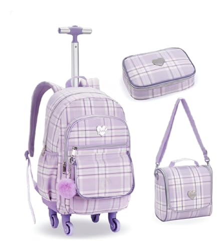 Kit Mochila De Rodinhas 360° Escolar Xadrez, Com Rodas Giratórias, Alça Telescópica, 3 Peças, Para Estudantes Juvenil Feminino (Lilas)
