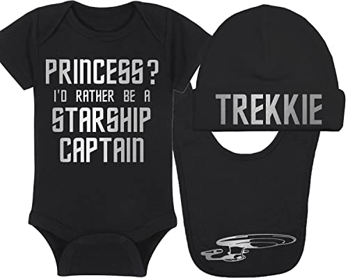 Princess? I'd Rather Be A Starship Captain - Trekkie Baby Onesie, Hat, Blanket & Bib Set