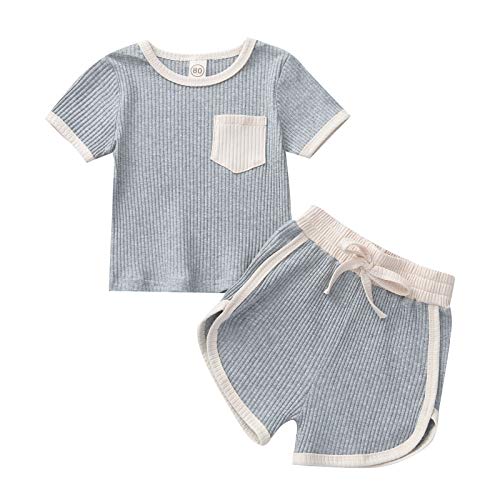 2PCS Baby Boys Girls Homewear Stripe Round Neck Long Sleeve T-Shirt Top + Pants Toddler Unisex Clothing Set (Shorts Grey, 12-18month)