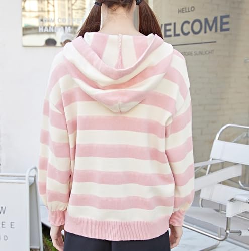 Women Kawaii Sweater Striped Hooded Cardigan with Pom Poms3
