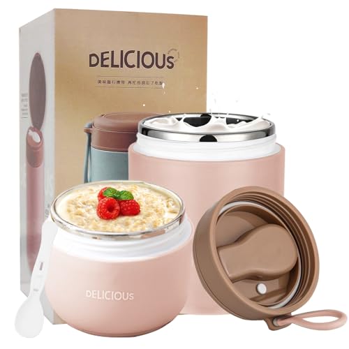 Chedin Müslibecher To Go mit Deckel, Edelstahl Porridge Becher 730ml Auslaufsicher joghurtbecher to go mit löffel und Deckel,Doppelschicht Auslaufsicherer Einmachgläser perfekt für Arbeit (Rosa)