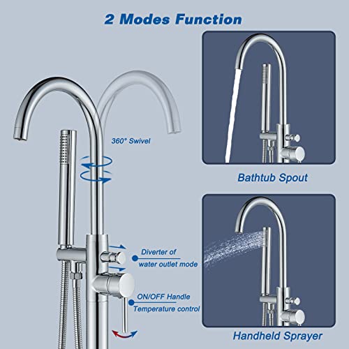 Votamuta Chrome Polished Floor Mount Bathtub Faucet Freestanding Tub Filler Standing Shower Tub Faucets Swivel Spout Mixer Taps With Handheld Shower #TOP2