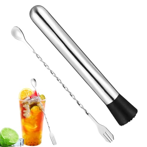 YATEICBC 2 Pcs Mortero de Acero Inoxidable para cócteles, Cuchara para Vino, Mezclador de mojitos, triturador de Hielo, Mezclador de cócteles, Cocina, Bar, Restaurante Mortero para cócteles