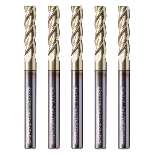 Image of 5Pcs 1 /8 inch 3 Flute Solid Carbide Square End Mill, ZrN Coated for Aluminum | 37 Helix, 1 /8 inch Cutting Dia, 1 /8 inch Shank Dia, 1 /2 inch Length of Cut, 1-1 /2 inch Overall Length, for Milling Aluminum and Copper
