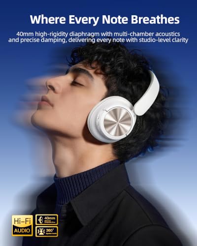 Image of Hybrid Active Noise Cancelling Headphones 120H Playtime Wireless Headphones Bluetooth 6.0 Over Ear Headphones With 6 ENC HD Call Mic Hi-Res 360 Spatial Audio Headphone for Travel Workout Bright White