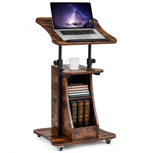 Image of POWERSTONE Sit to Stand Mobile Lectern Teacher Podium Stand Rustic Brown | Rolling Laptop Desk Cart with Storage Shelves, Casters, Swivel Top, Height Adjustable, for Classroom, Concert, Church