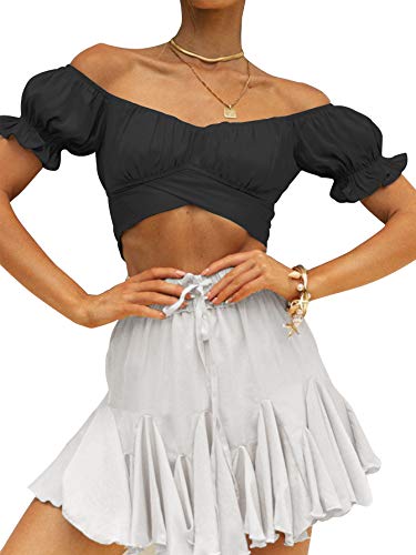 Lyaner Women's Ruffle Short Sleeve Tie Up Back Crop Top Off Shoulder Bardot Blouse Black Small #TOP2