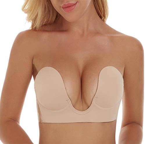 Strapless Bra Sticky Backless Bra Self Adhesive Bra Invisible Push up Bra for Women(C,Beige)