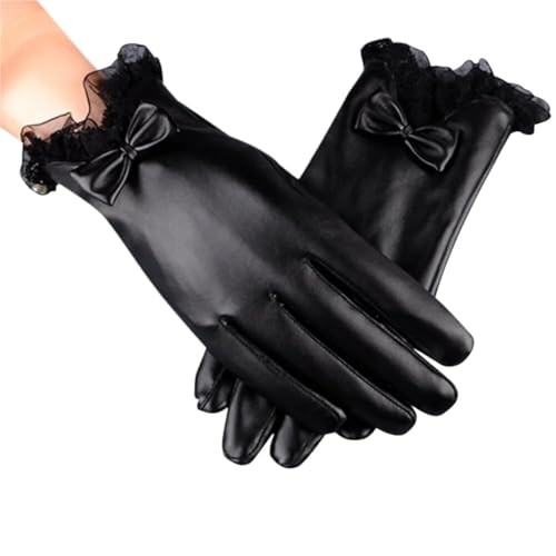 Guantes De Piel Para Mujer Guantes de invierno mitones moda encaje mujer negro calor al aire libre dedo completo forrado guantes de conducción cuero elástico guantes cálidos Guantes De Cuero De Conduc