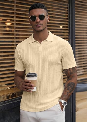 Image of JMIERR Mens Casual Polo Shirt Summer Short Sleeve Vacation Button Beach Knit Stretchy Golf Shirts