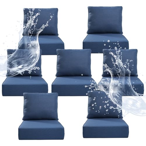 Artfurniz 6" Thicker Outdoor Chair Cushion 7 Sets - 24" *24" *6" Waterproof Patio Furniture Cushions with Removable Cover, 28D High Density Sponge Filling Thicken Outdoor Patio Cushions - Blue