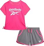 Reebok Girls Short Set - 2 Piece Short Sleeve Shirt and Soft Athletic Woven Dolphin Shorts - Activewear Set for Girls, Size 12, Light Pink