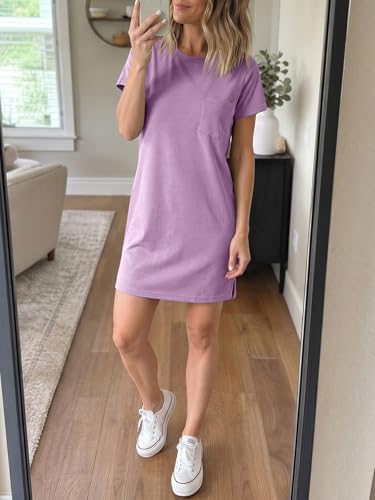 Image of Ladiyo Women T Shirt Dress Summer Fashion Mini Dress Crew Neck Short Sleeve Dress Solid Color Casual Dress with Pocket