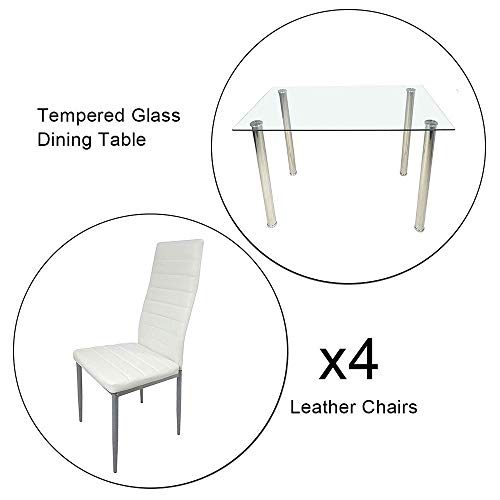 Joybase 5 Piece Dining Table Set, Tempered Glass Top Table With 4 Leather Chairs, For Kitchen Dining Room, White #TOP4