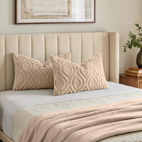 Image of decorUhome Fall Throw Pillow Covers 12x20 Inch Set of 2, Soft Plush Faux Wool Light Khaki Solid Couch Pillow Covers, Accent Farmhouse Neutral Rectangle Pillow Cases for Sofa Bed Living Room