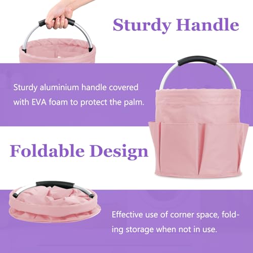 Image of 17L Portable Shower Caddy with 6 Side Pockets, Foldable Cleaning Supply Caddy with Handle, Garden Tool Bag in 600D Oxford Fabric, Multifunctional Storage Basket for Showers, Picnics, Pink