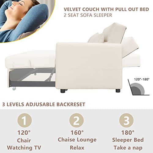 Aoowow Convertible Sleeper Sofa Bed 57 Inches, Velvet 2 Seats Sofa With Pull Out Bed,Loveseat Sofa Couch With Adjustable Backrest, 2 Pillows Side Pocket For Living Room Small Apartment (Beige) #TOP4