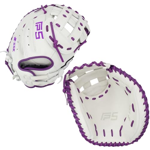 SSK FP5 Fastpitch Softball Catcher’s Mitt 33” – 34” Right & Left Hand Throw Premium Full Leather Softball Glove (White/Purple, 34" - Right Hand Throw)