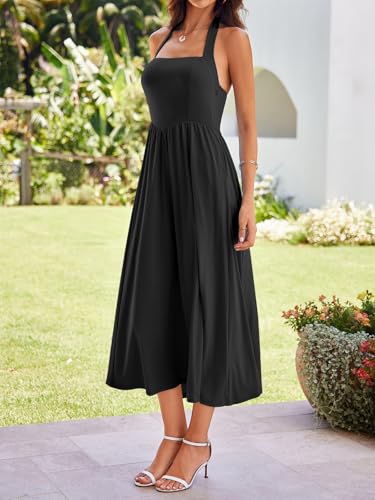Image of YIOYOLA Women Sleeveless Halter Sleeveless Drop Waist Corset Midi Dress Swing Flowy Beach Sundresses with Pockets