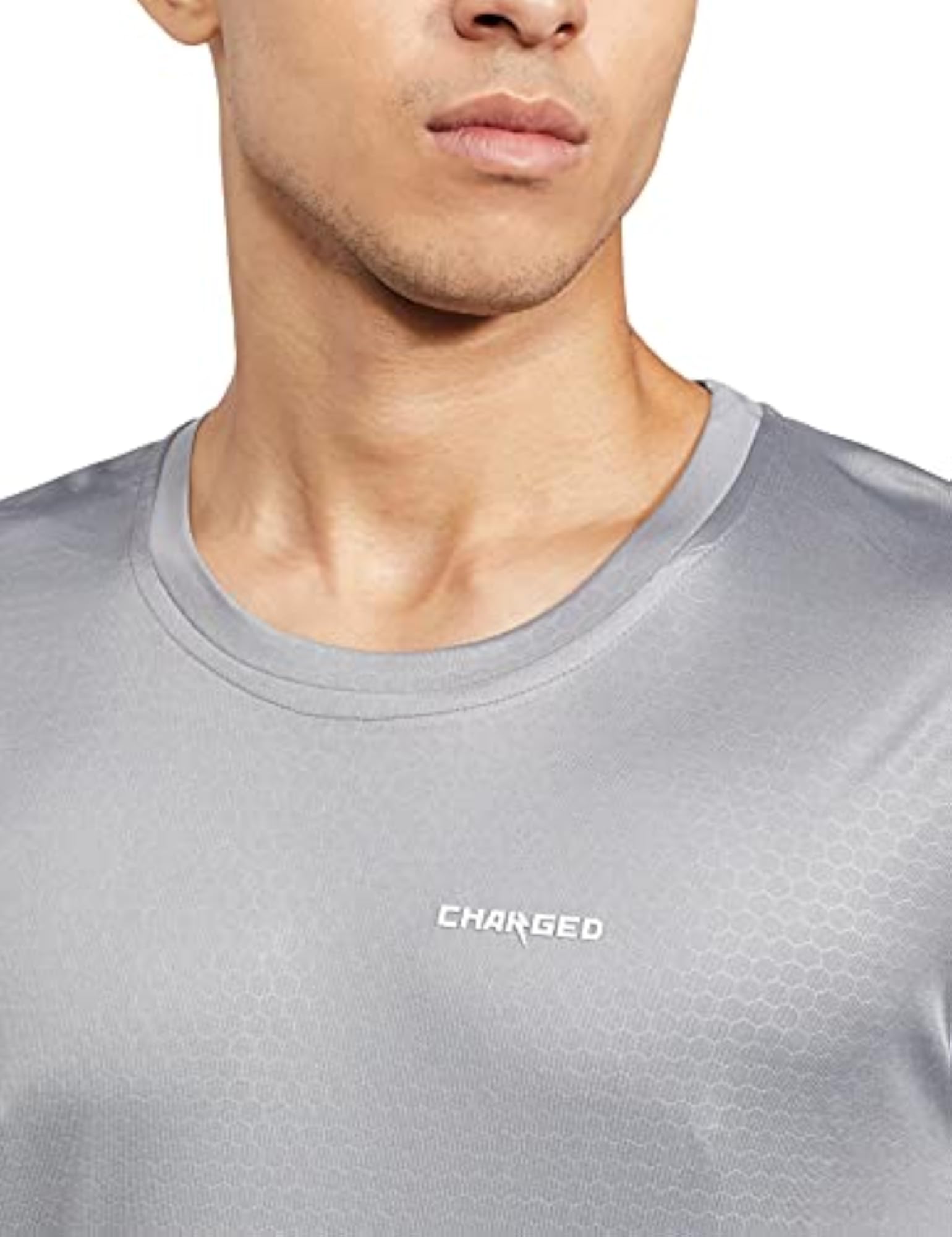 Play Interlock Knit Geometric Emboss Round Neck Sports T-Shirt, Light Grey