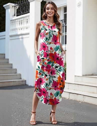 Image of Zeagoo Women Floral Summer Casual Beach Printed Tank Dress with Pockets Pleated Front Long Dress