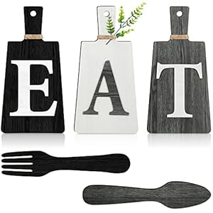 Jetec Cutting Board Eat Sign Set Hanging Art Kitchen Eat Sign Fork and Spoon Wall Decor Rustic Primitive Country Farmhouse Kitchen Decor for Kitchen and Home Decoration (Black, White, Gray)
