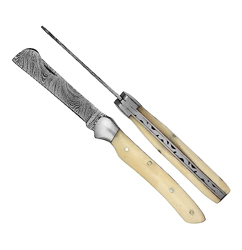 Laguiole Artisan Élégance 3723 DAMAS - Greffoir élégance 10 cm - Poignée pliante en os Camel - Couteau de poche en acier Damascus forgé à la main - Acier au carbone, Os
