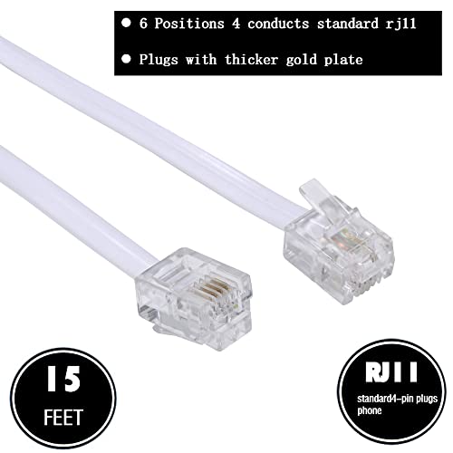 15 Feet Long Telephone Extension Cord Phone Cable Line Wire, with Standard RJ11 Plug and 1 in-Line Couplers and 15 Cable Clip Holders-White