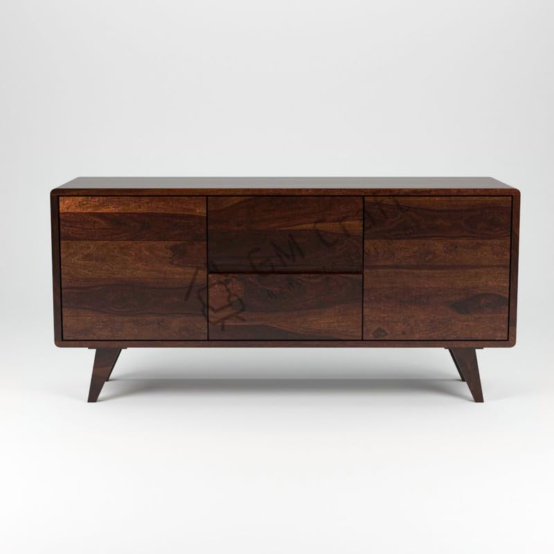 Image of Solid Sheesham Wood TV Unit for Living Room, Solid Wood TV Unit Cabinet,TV Cabinet with 2 Drawers & 2 Cabinet Storage, Solid Wood TV Entertainment Unit - Walnut Finish