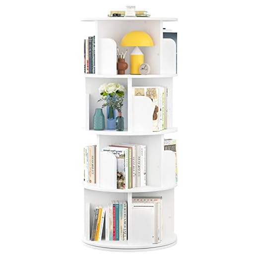 Aheaplus Rotating Bookshelf, Small Corner Bookshelf for Small Space, 360 Display 4 Tier Floor Standing Bookcase Storage Rack, Wood Narrow Book Shelf Organizer for Bedroom, Living Room, White