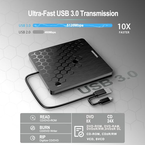 External CD DVD Drive, 0.5″ Ultra Slim USB 3.0 Type-C DVD Player, CD DVD+/-RW Optical Drive, Portable DVD CD Burner Reader Writer Recorder for Laptop, Desktop, Mac, Windows 11/10/8/7, Linux, Black by YADIANSU - Image 5