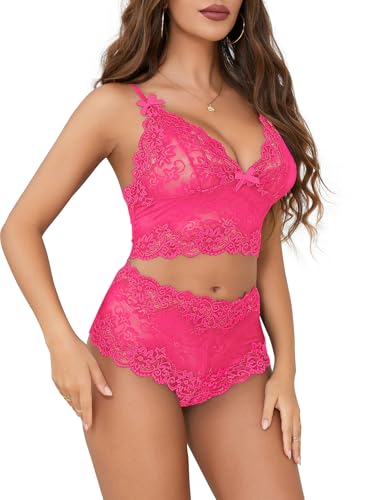 Image of Lilosy Sexy Lingerie for Women Lace Pajamas Set Cami Bra and Panty High Waist Sheer Sleepwear 2 Piece 2XS-6XL